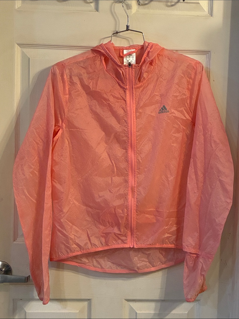 adidas Peach-orange Hooded Lightweight Windbreaker Jacket, Size: M